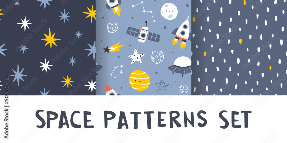 Wall mural cute scandinavian space pattern vector set. collection of cosmic baby seamless prints for textile an