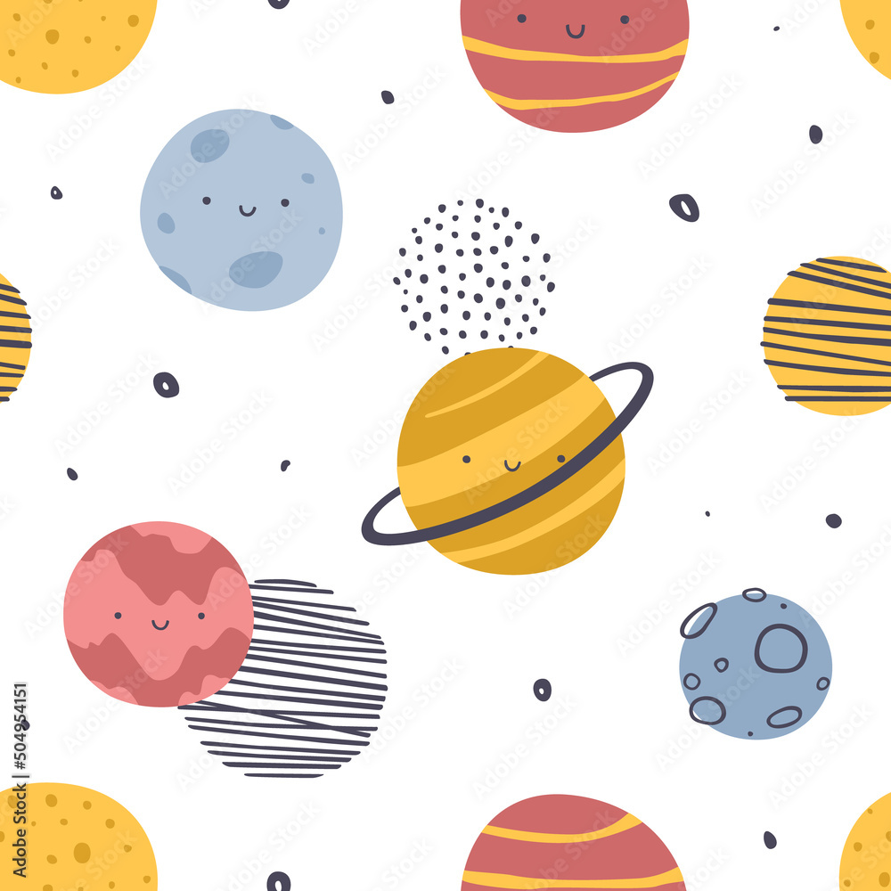 Poster kawaii scandinavian pattern with smiling planets. space vector seamless print for baby textile and f