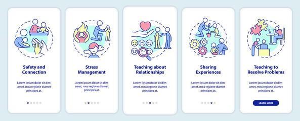 Family relationships importance onboarding mobile app screen. Walkthrough 5 steps graphic instructions pages with linear concepts. UI, UX, GUI template. Myriad Pro-Bold, Regular fonts used