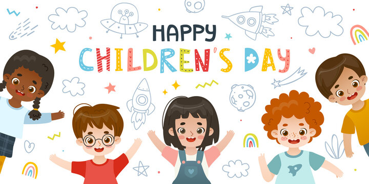 Children's day celebration banner with happy cartoon kids. Adorable children on painted background.