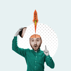 A new idea flies out of a man's head like a rocket. Art collage.