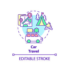 Car travel concept icon. Family leisure and vacation. Quality time together abstract idea thin line illustration. Isolated outline drawing. Editable stroke. Arial, Myriad Pro-Bold fonts used