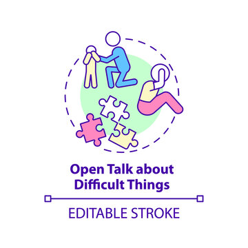 Open Talk About Difficult Things Concept Icon. Positive Communication Abstract Idea Thin Line Illustration. Isolated Outline Drawing. Editable Stroke. Arial, Myriad Pro-Bold Fonts Used