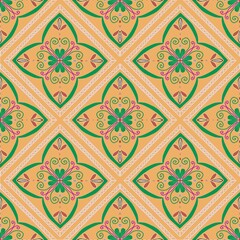 Geometric ethnic pattern design for carpet, wallpaper, clothing, wrapping, batik, fabric, illustration embroidery style,  yellow background.