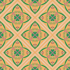 Geometric ethnic pattern design for carpet, wallpaper, clothing, wrapping, batik, fabric, illustration embroidery style,  yellow background.
