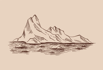 Arctic landscape. Icy mounts, Iceberg. Hand drawn illustration converted to vector.
