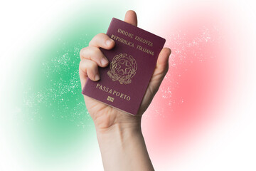 Man holds an Italian passport with a flag of Italy in the background