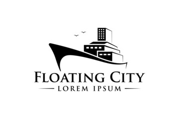 floating city silhouette logo simple design combination of ship and city