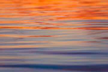 Defocused abstract background of bright orange and blue waves on river during sunset 