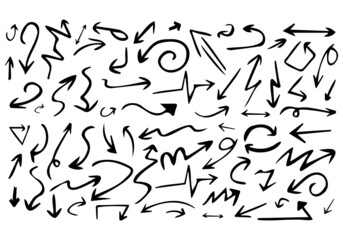 Hand drawn set of arrows. Collection black arrow on white background. Vector illustration.