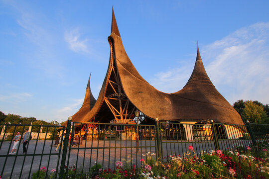 Kaatsheuvel, The Netherlands - July 3rd 2018 : Entrance gateway to the Efteling theme park in the Netherlands at sunset