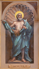 BARI, ITALY - MARCH 3, 2022: The fresco of St. Bartolomew the apostle in the church Chiesa San...