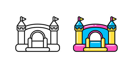 Bounce house icons for kids summer games on playground or indoor, family parties. Children's inflatable trampoline design. Vector outline and colorful illustrations isolated on white background