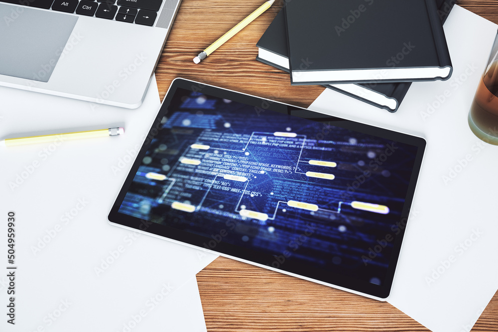 Fototapete Top view of modern digital tablet screen with abstract creative programming illustration, big data and blockchain concept. 3D Rendering