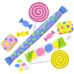 Vector isolated collection of various bright candies, pink, yellow, green and blue. Sweet taste.
