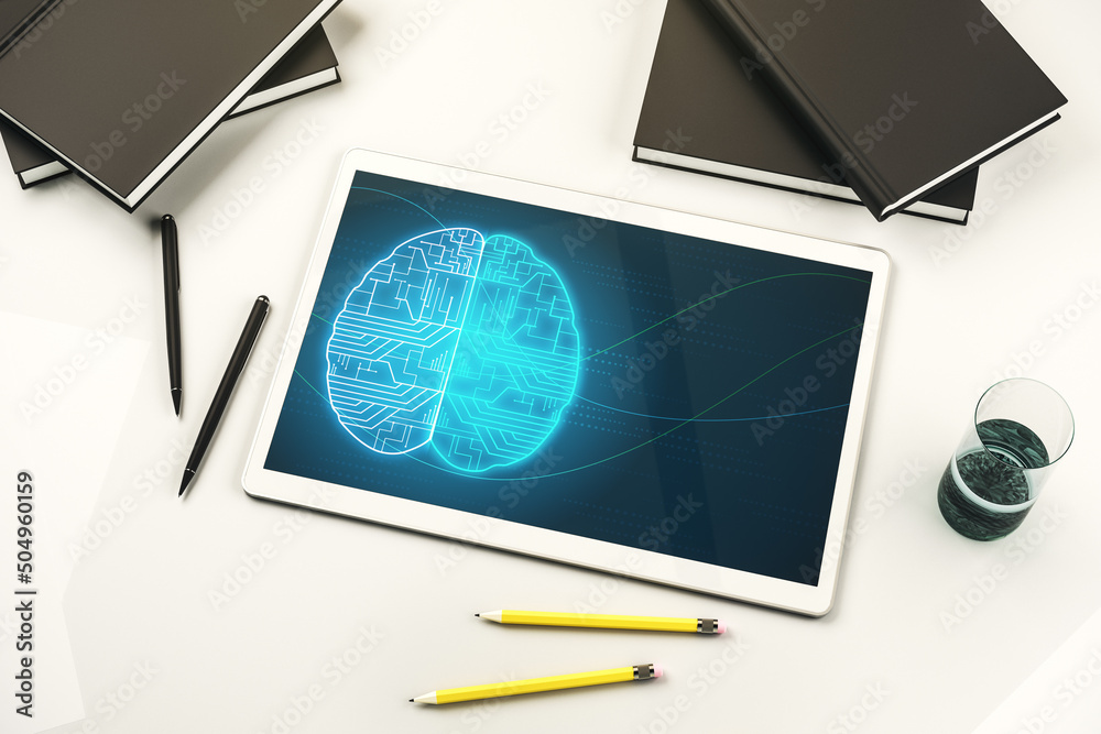 Aufkleber Top view of modern digital tablet screen with creative human brain microcircuit. Future technology and AI concept. 3D Rendering
