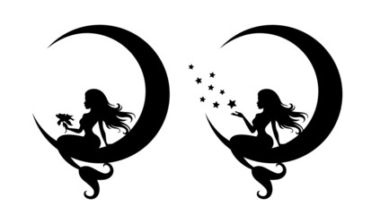 Vector illustration silhouettes of mermaids sitting on a crescent moon. One mermaid is holding stars and another magic stars. Black color isolated on white.