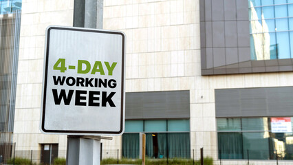 4 - Day Working Week on a Sign in Downtown city setting	