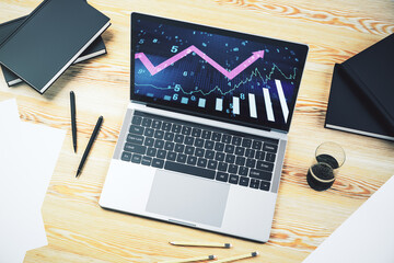 Abstract creative financial graph with upward arrow on modern laptop screen, forex and investment concept. 3D Rendering