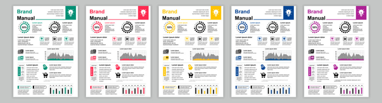 DIN A3 business brand manual templates set. Company identity brochure page with infographic data. Advertisement, brainstorm and marketing at banner. Vector layout design for poster, cover, brochure