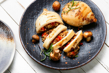 Grilled squid with mushroom stuffing, cuttlefish