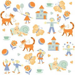 Cute cartoon seamless baby pattern with funny people, cats, snails, butterflies, houses, balls, flowers, balloons in blue, orange, green color scheme isolated on white background in vector.
