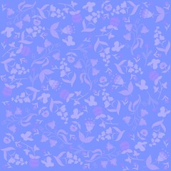 Fototapeta na wymiar Beautiful romantic seamless ornament with flowers and butterflies in light violet and purple tones on a blue background in vector. Delicate print for fabric, wallpaper.