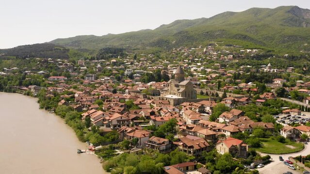 Aerial view of Mtskheta and its main landmark Svetitskhoveli Cathedral