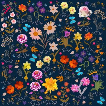 Cute cartoon garden flowers, berries, leaves, roots, bulbs, butterflies isolated on dark blue background in vector. Seamless romantic floral pattern. Print for fabric, wallpaper. Design elements.
