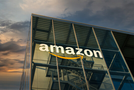 Munich, Germany - May 2022: Amazon logo on their headquarter building
