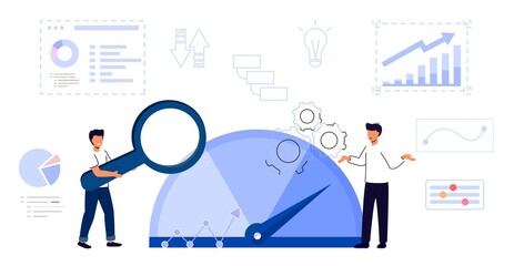 Benchmarking concept Business compare tool for improvement Performance, quality and cost comparison to competitor companies Idea of benchmark business development Vector illustration - obrazy, fototapety, plakaty