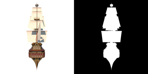 Caravel Galleon 1- Back view white background alpha png 3D Rendering Ilustracion 3D	