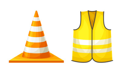 Industrial protective equipment set. Traffic cone and safety vest vector illustration