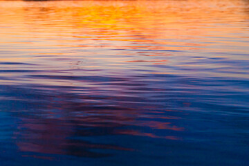 Defocused abstract background of bright orange and blue waves on river during sunset 