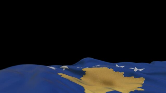 Kosovo fabric flag waving on the wind loop. Kosovsky embroidery stiched cloth banner swaying on the breeze. Half-filled black background. Place for text. 20 seconds loop. 4k