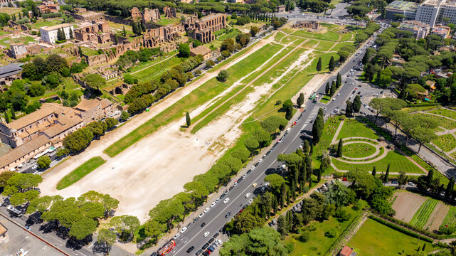 Aerial view of Circus Maximus, an ancient Roman chariot-racing stadium and mass entertainment venue in Rome, Italy. Now it's a public park but it was the first and largest stadium in ancient Rome. 