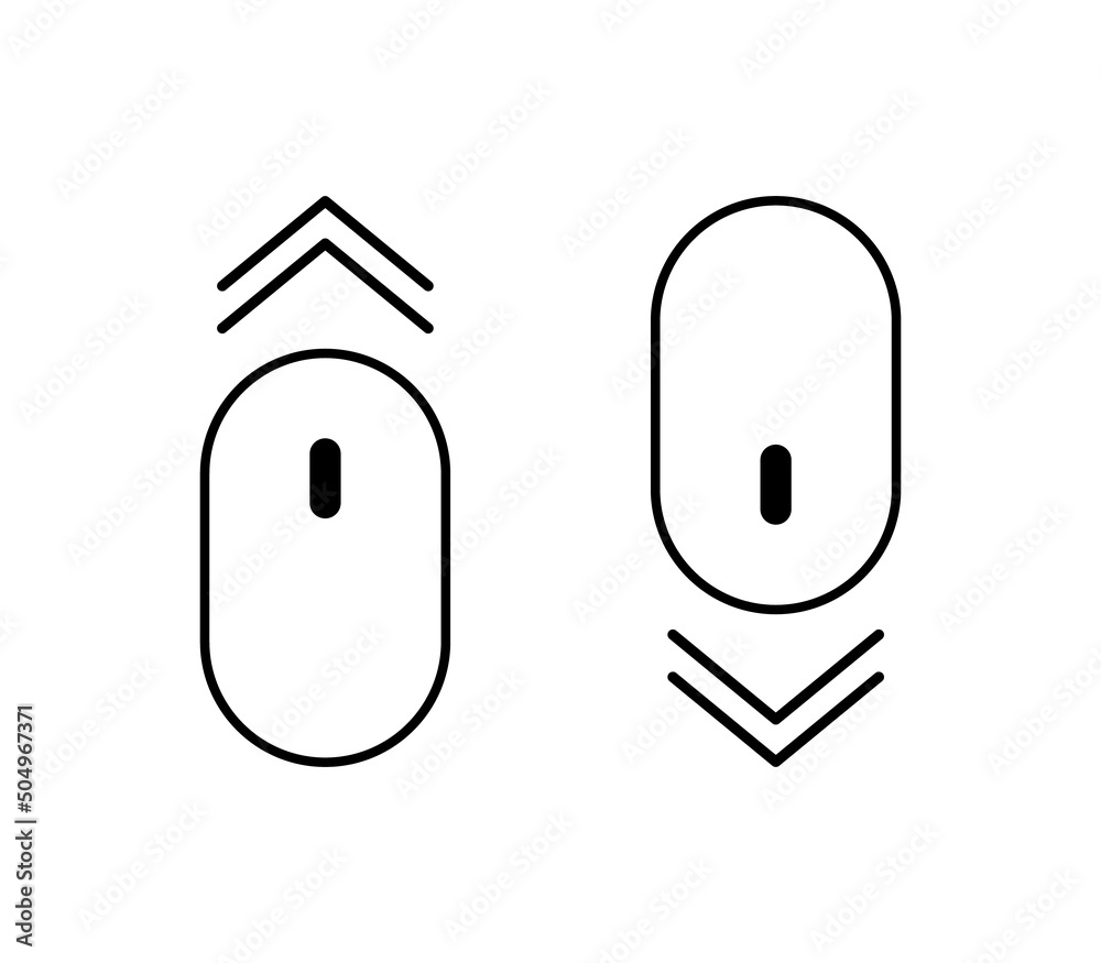Fototapete Mouse down and up. Scroll with arrow down and up. Icon of computer mouse. Line button for web and computer. Flat icons isolated on white background. Swipe symbol for pc. Vector