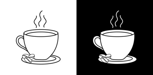 Coffee cup with coffee beans. Time for cofee break. Linear design for cafe, coffeehouse, cafeteria. Espresso cup banner. Hot drink sign for paper menu in restaurant. Vector illustration