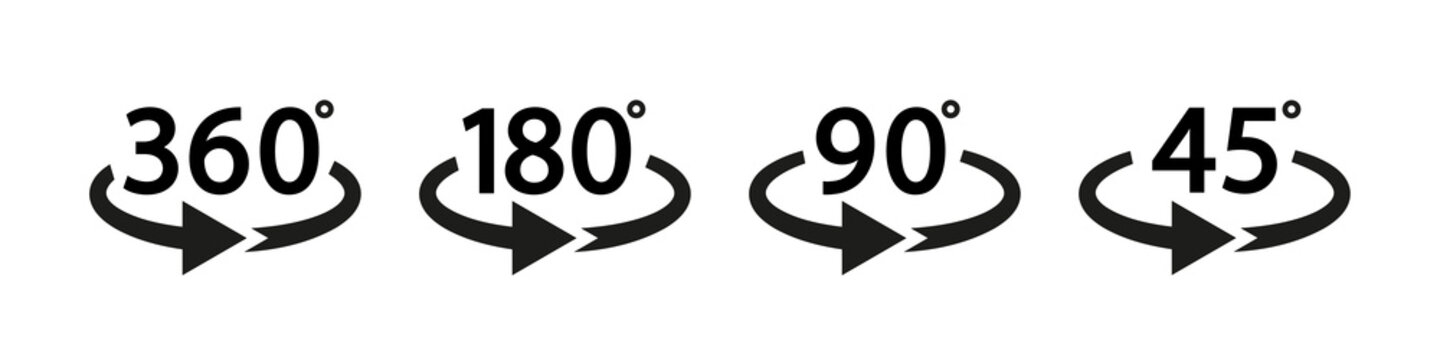 Arrow icon with 360, 180, 90 and 45 degree. Arrow icons with rotate angles of 360, 180, 90 and 45 degrees. 3d signs for panorama view. Round symbols with angles of turn. Vector