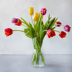 A bouquet of colorful tulips in a glass vase.