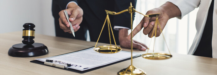 Attorneys or consultants work in the courtroom and negotiate with clients or complainants who want justice in corporate fraud cases, Litigation and justice concept.