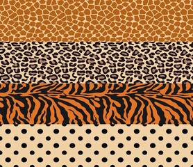 
Seamless set of animal skin leopard, giraffe, zebra and polka dot pattern, trendy design.