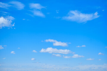 Blue sky with white cumulus clouds. Bright sunny day with cloudy sky