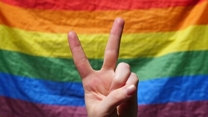 Symbol of peace Hand gesture on rainbow LGBT flag background in pride month of dignity and diversity. Close up, copy space, paste text, sunny summer day.