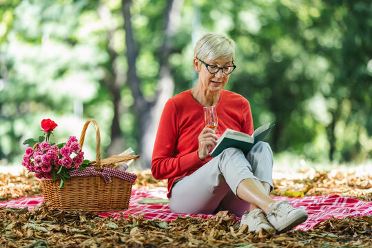 Portrait Of Senior Woman At Picnic In Park Reading Book