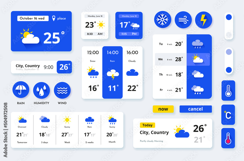 Wall mural weather app widget. ui icon for screen. week or day forecast. mobile meteorology with temperature gr