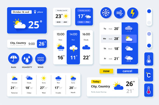 Weather app widget. Ui icon for screen. Week or day forecast. Mobile meteorology with temperature graphic. Clouds, sun and rain. Application interface elements set. Vector template