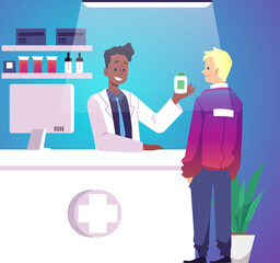 Man customer buying medicine in drugstore, flat vector illustration.