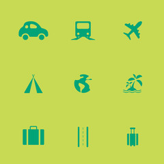 Illustration of travel icons car, train, plane, tent, globe, sea, island, suitcase, road, luggage