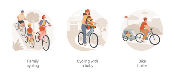 Family cycling isolated cartoon vector illustration set. Parent and kid on bicycle, cycling with a baby, active lifestyle, riding with bike trailer, family outdoor recreation vector cartoon.
